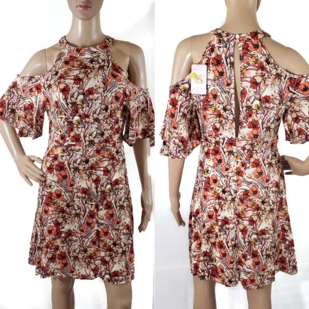 NWT Chelsea & Violet Cream/Burgundy Cut Out Shoulder Floral Halter  Dress Sz M